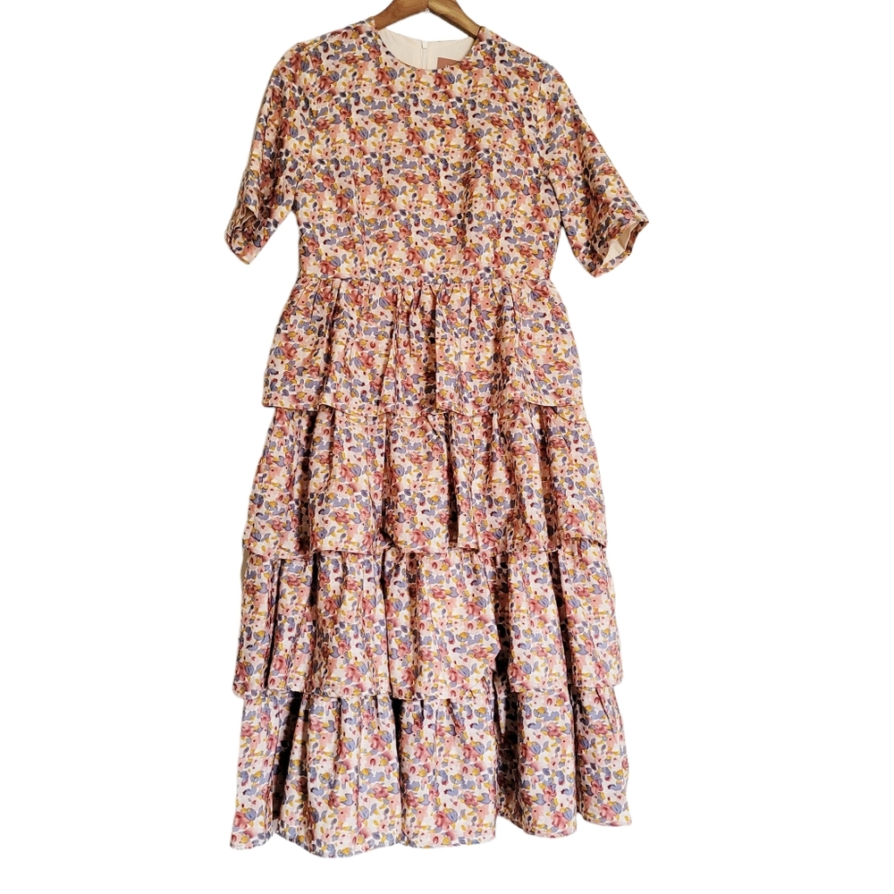 JessaKae Women's Floral Pink Eiffle Tiered Midi Dress Size L Pink Multi